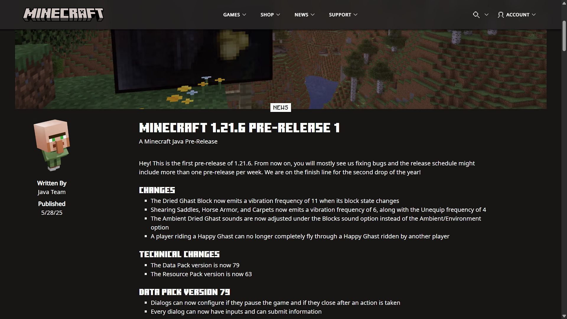 Minecraft 1.21.6 pre-release 1 means Mojang will only focus on bug fixes now (Image via Sportskeeda Gaming || Mojang Studios)